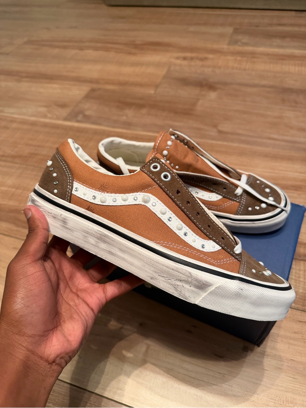 Vans Brown and White Studded Old Skool Platform Sneakers